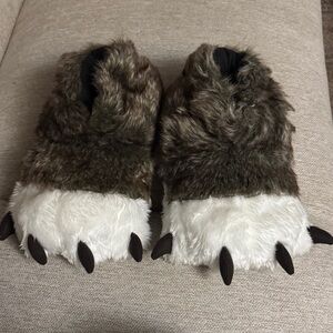 Furry Brown and White Claw Slippers